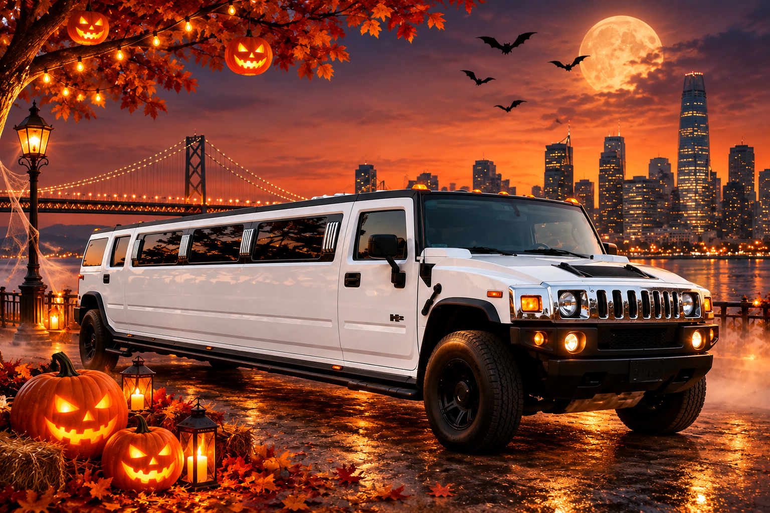 Hummer stretch limo parked by the waterfront under a Halloween moon